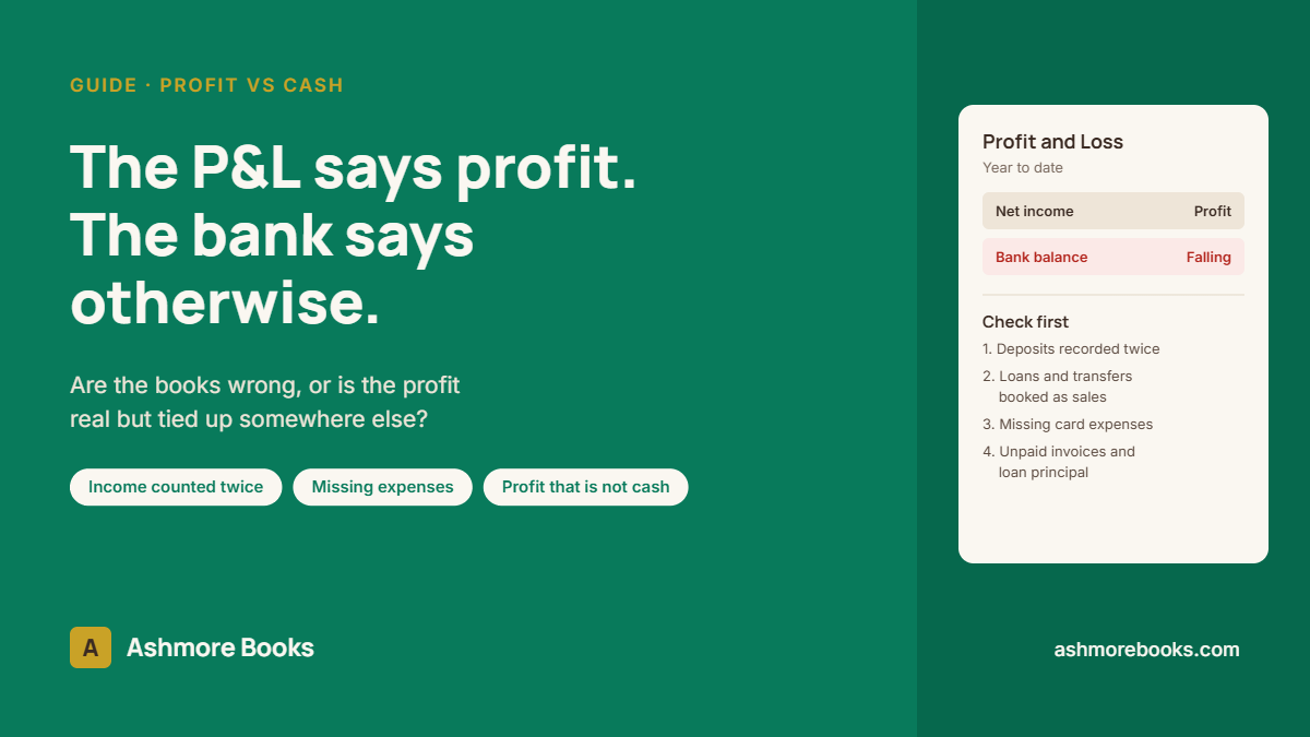 Profit and Loss shows a profit while the bank balance falls, QuickBooks Online guide by Ashmore Books