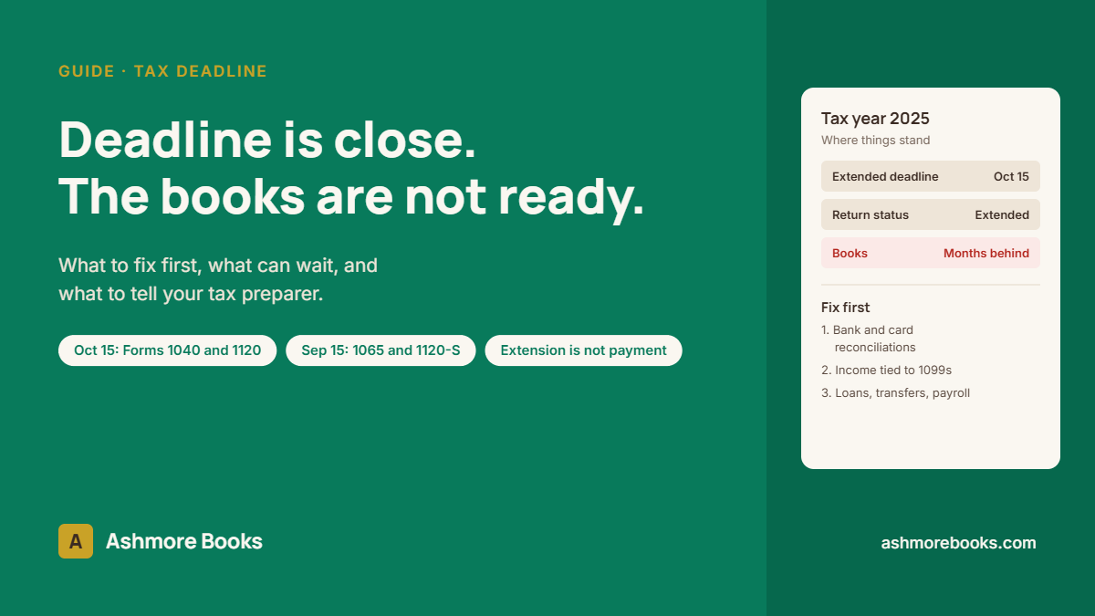 Tax deadline is close and the books are not ready, what to fix first, Ashmore Books guide